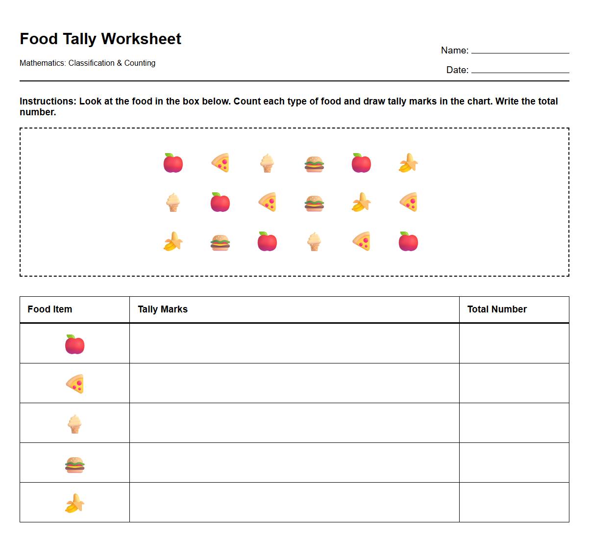 Food Item Tally Marks Worksheet for Classification Skills