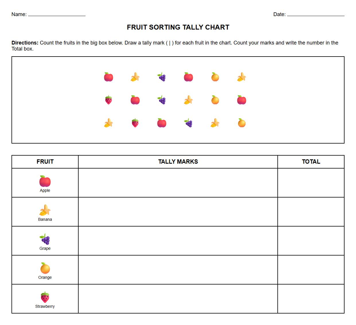 Fruit Sorting Tally Chart Worksheet for Data Representation