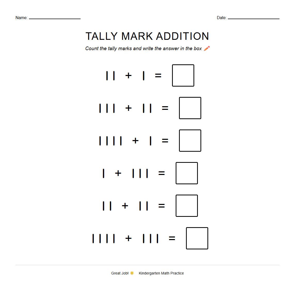 Hands-On Tally Marks Addition Activity Sheet