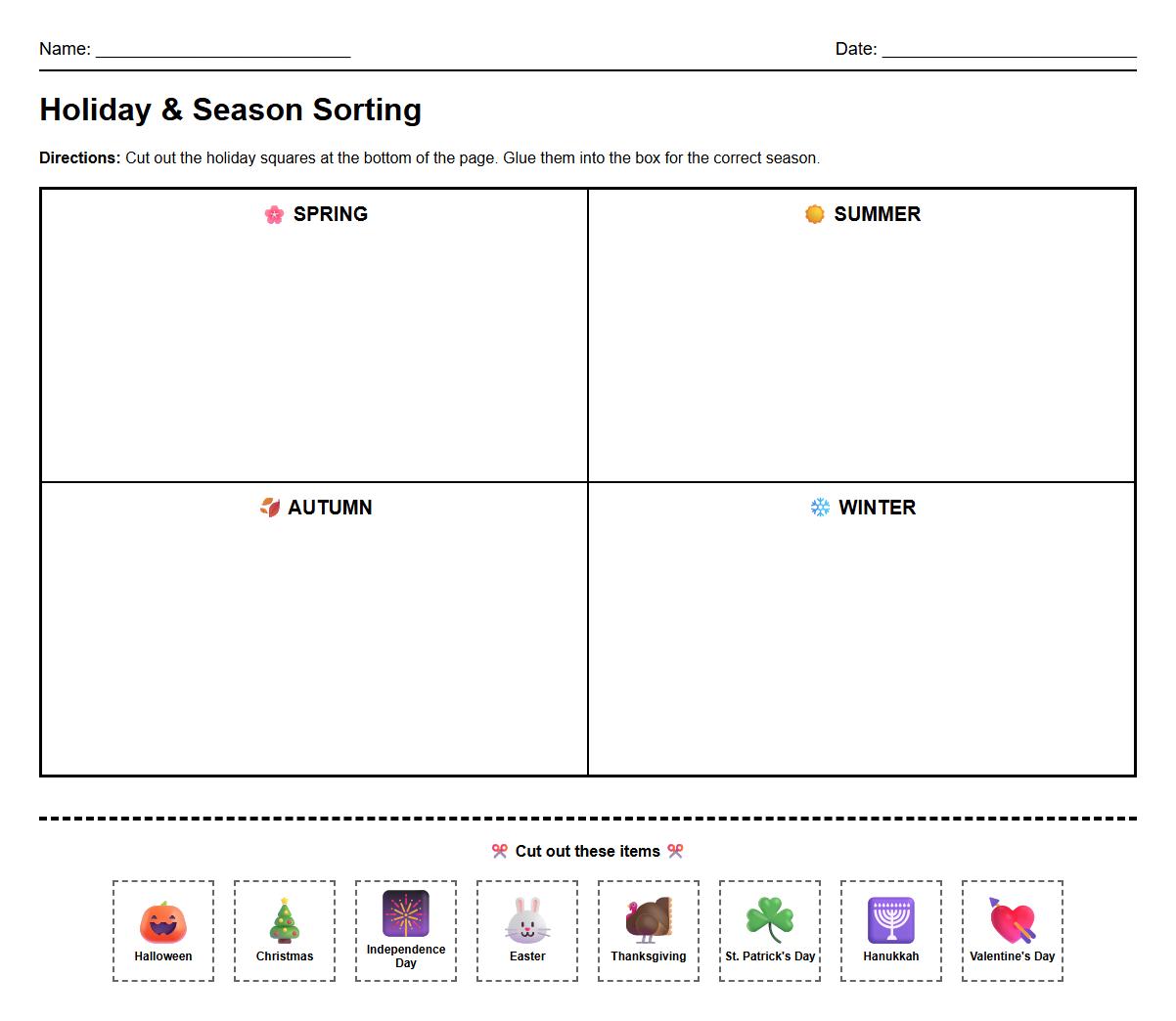 Holiday and Celebration Sorting by Season Worksheet