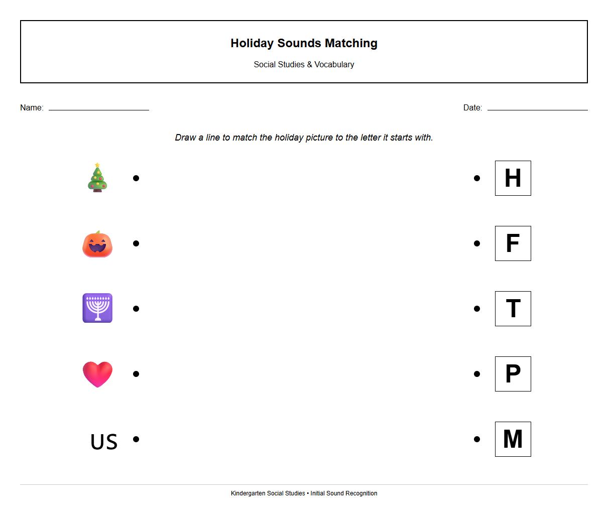 Holiday Vocabulary and Initial Sound Matching Worksheet