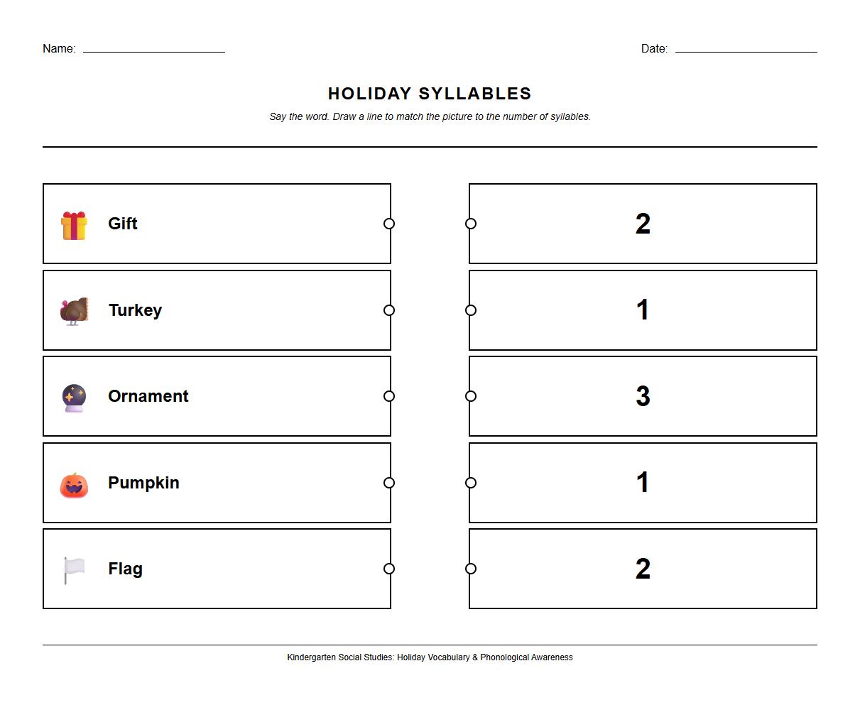 Holiday Vocabulary and Syllable Counting Matching Worksheet