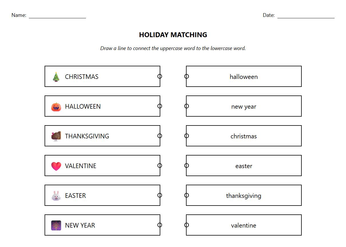 Holiday Vocabulary Uppercase and Lowercase Word Matching Worksheet