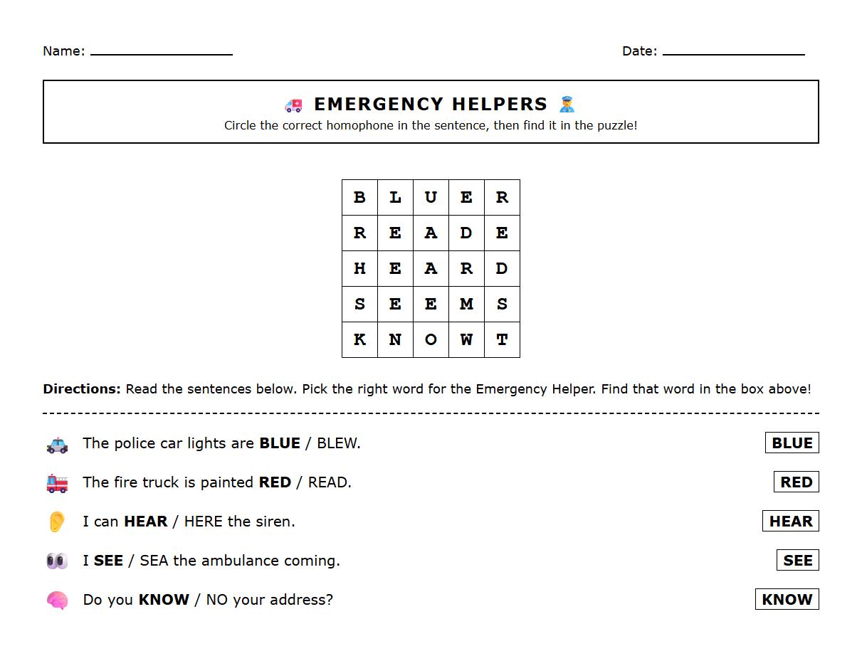 Homophone Identification Word Search with Emergency Services Roles