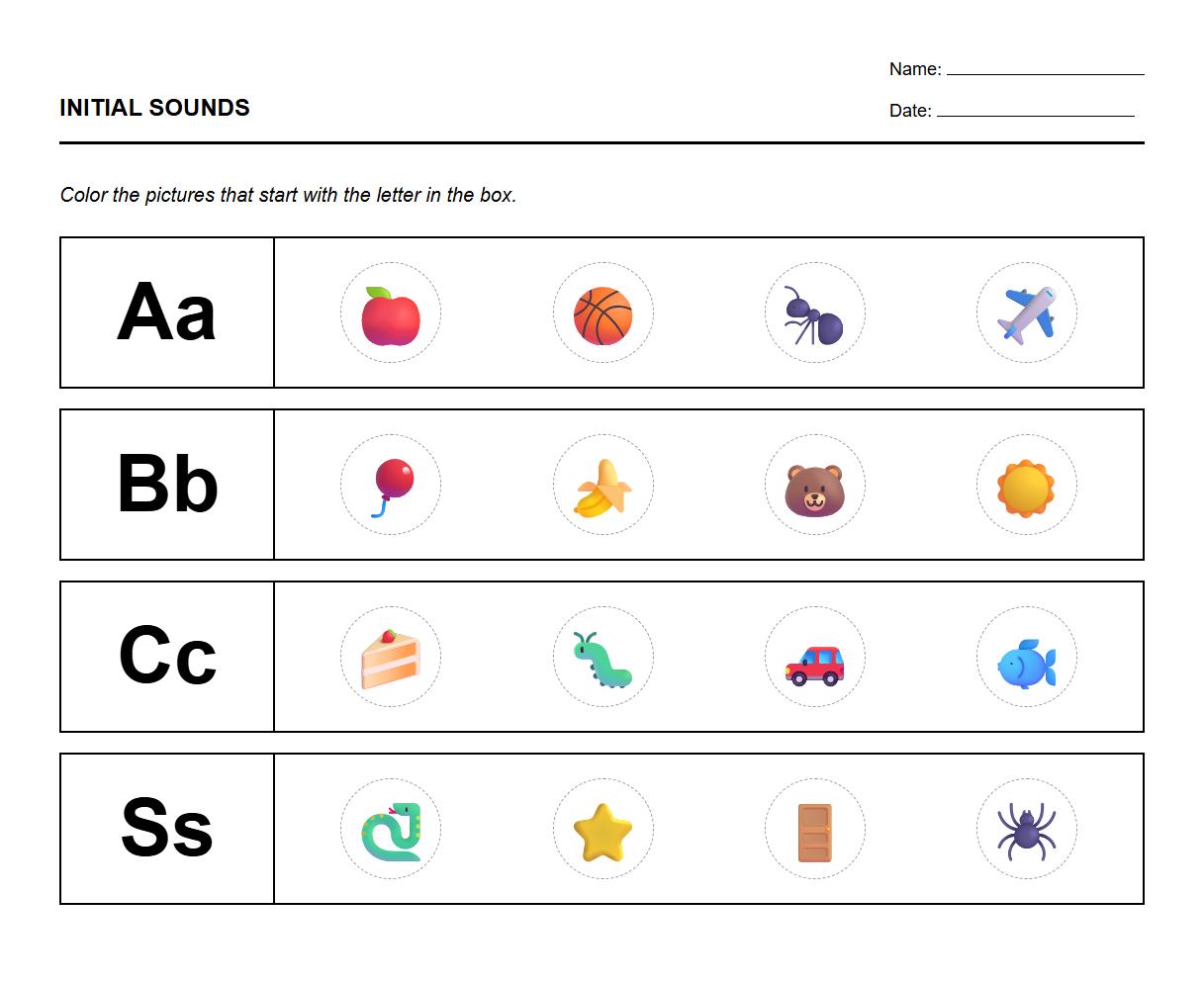 Initial letter identification coloring worksheets