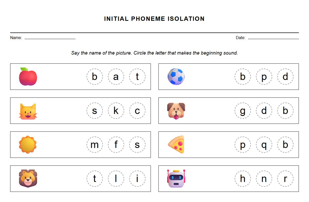 Initial Phoneme Isolation Worksheet