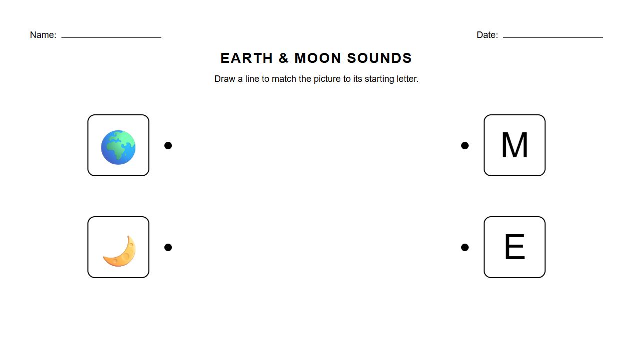 Initial Sound Matching Worksheet Featuring Earth and Moon