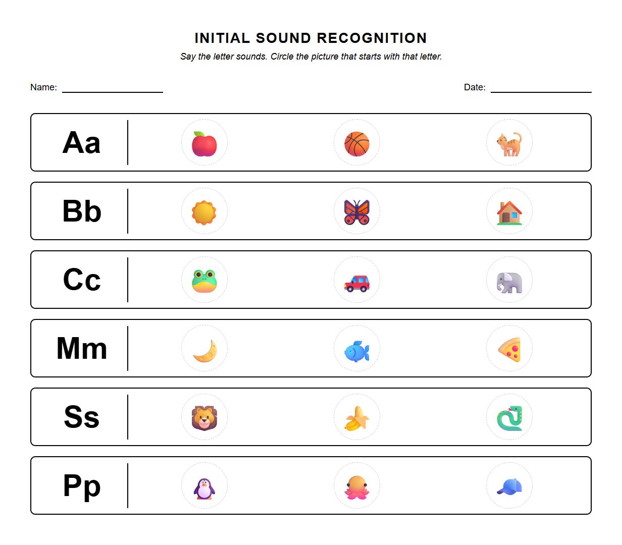 Initial Sound Recognition Worksheet for Letter Phonics