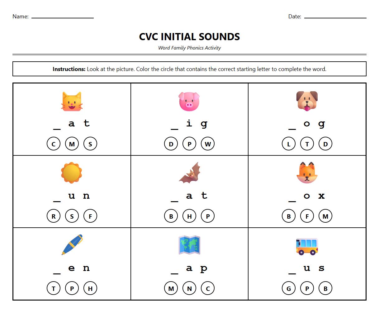 Kindergarten CVC Word Family Phonics Coloring Worksheet with Initial Sound Focus