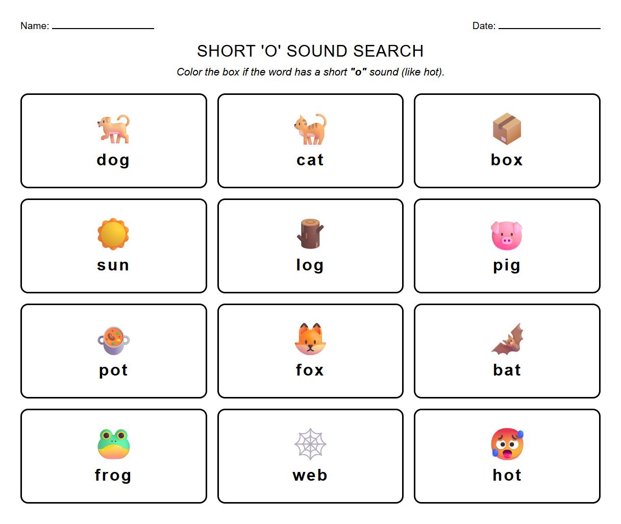 Kindergarten CVC Word Family Phonics Coloring Worksheet for Short O Sound Identification