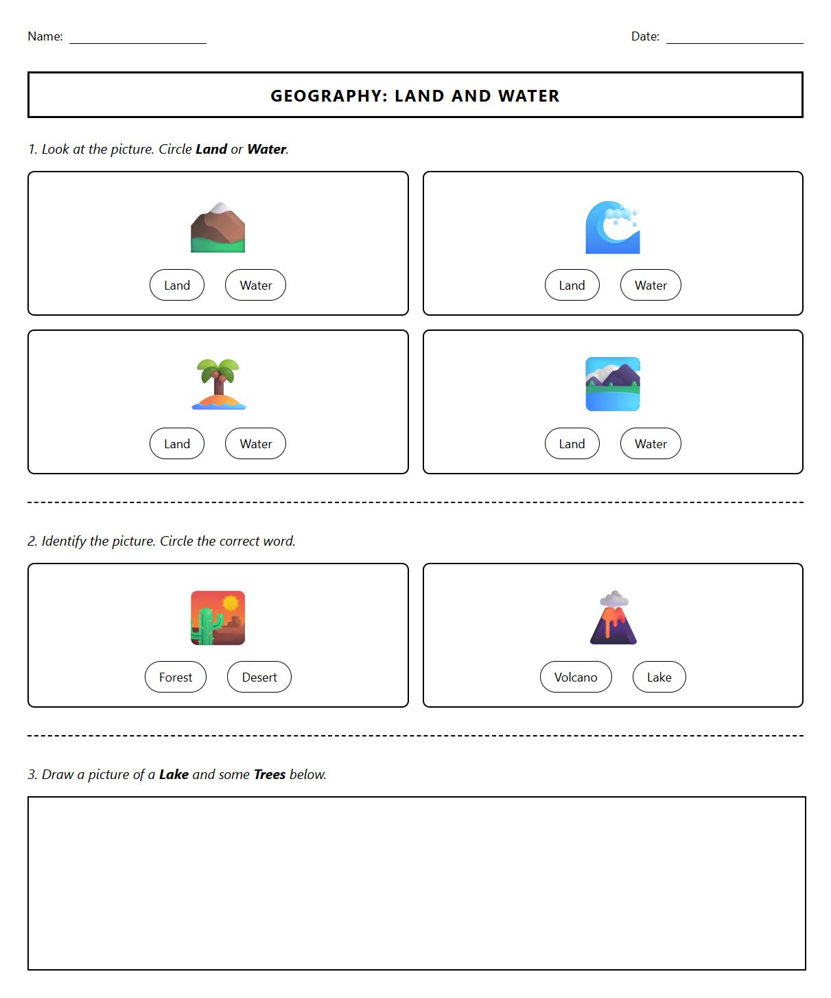 Kindergarten Geography Worksheet for Identifying Landforms and Bodies of Water