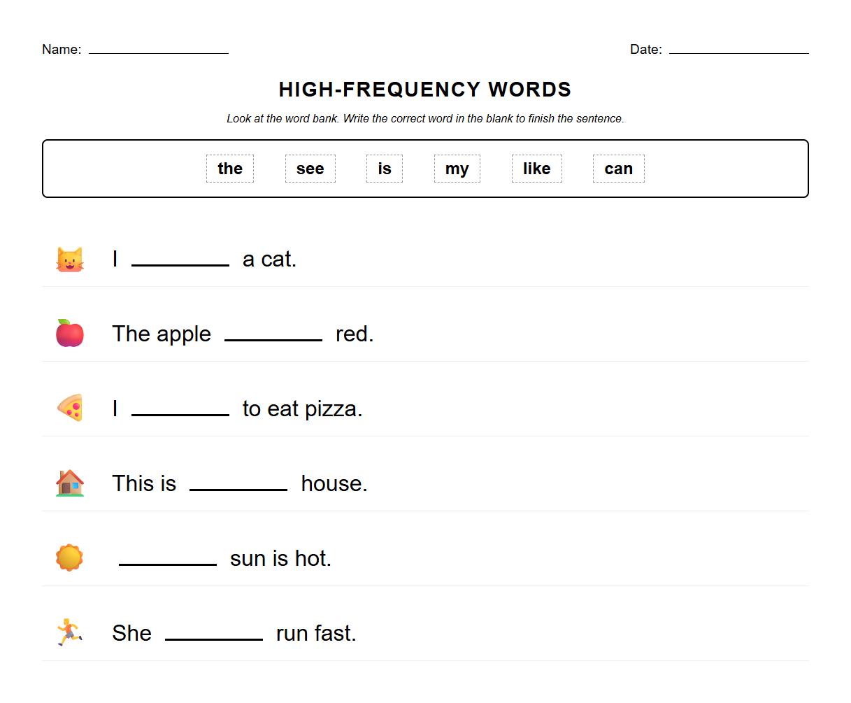 Kindergarten High-Frequency Words Assessment with Fill-in-the-Blank