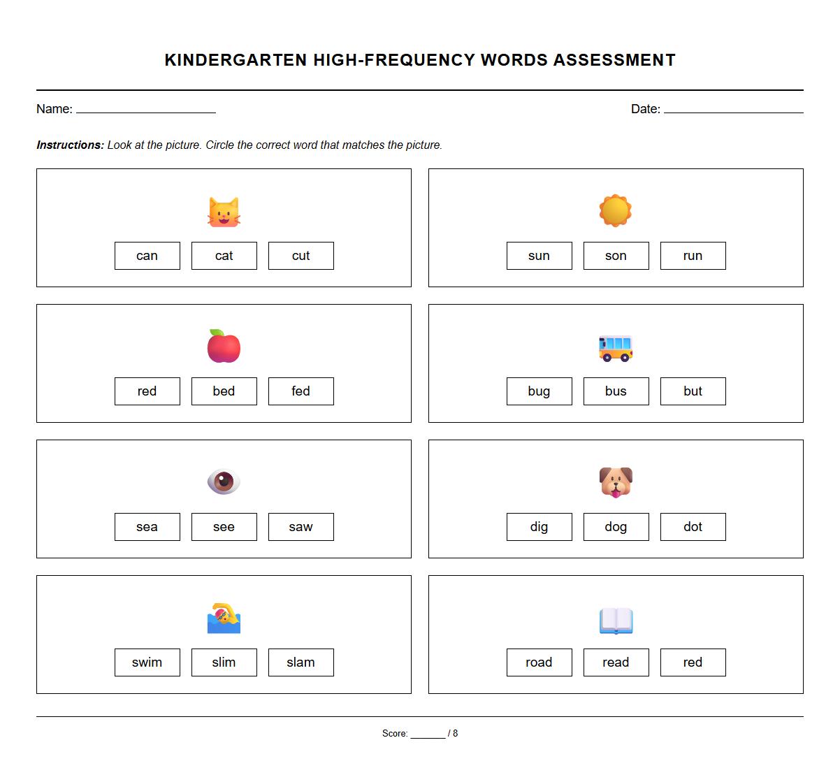 Kindergarten High-Frequency Words Assessment through Multiple Choice