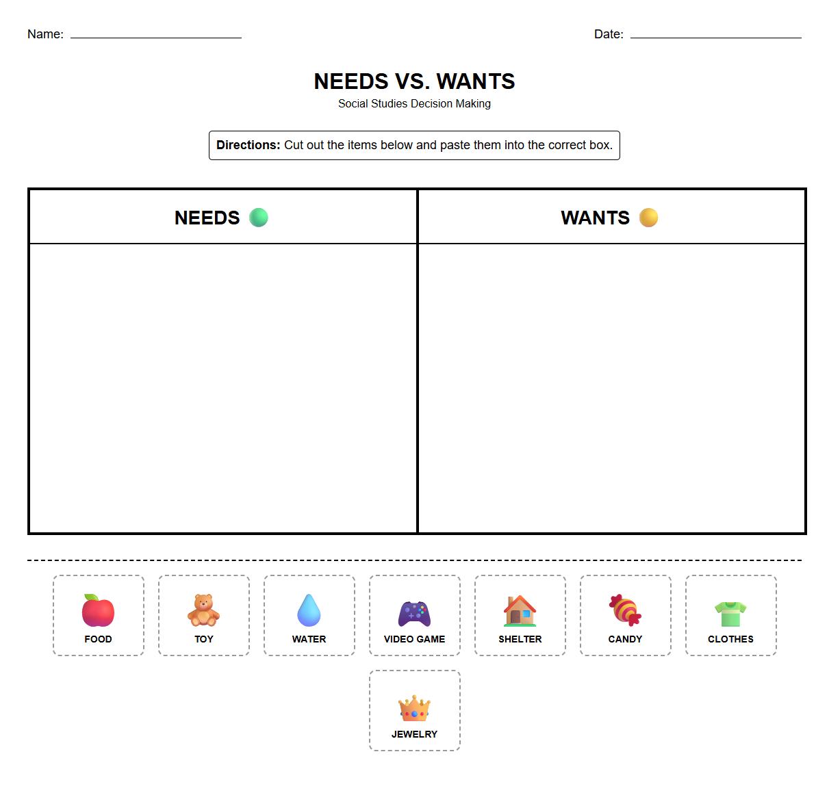 Kindergarten Needs vs Wants Decision Making Activity Sheet
