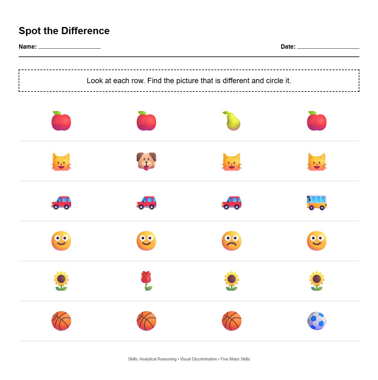 Kindergarten Spot the Difference Worksheet for Analytical Reasoning