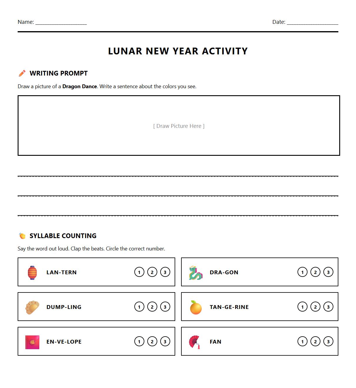Kindergarten Writing Prompts Worksheet for Lunar New Year with syllable counting activities