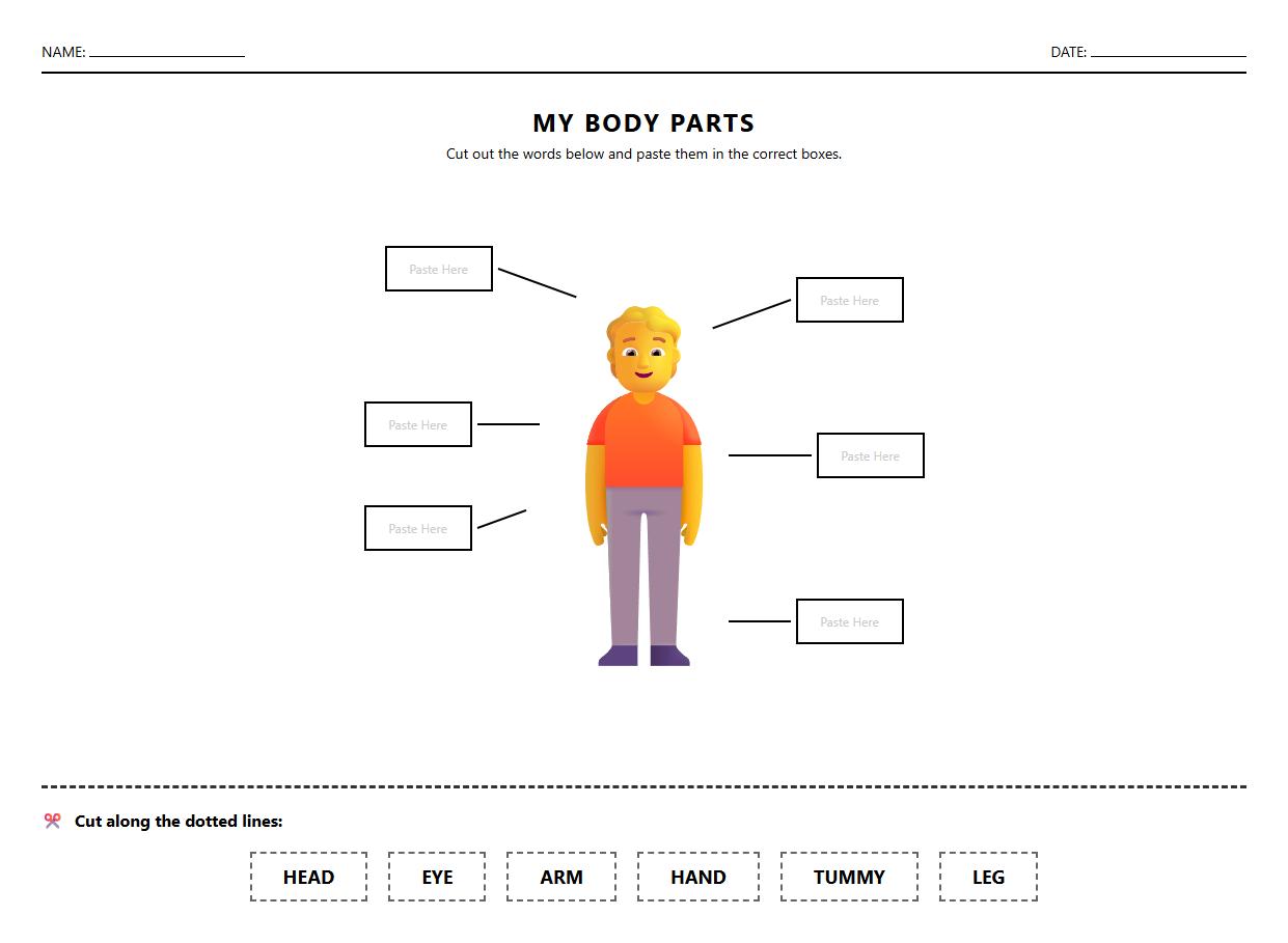 Label the Body Parts Diagram using cut and paste activity