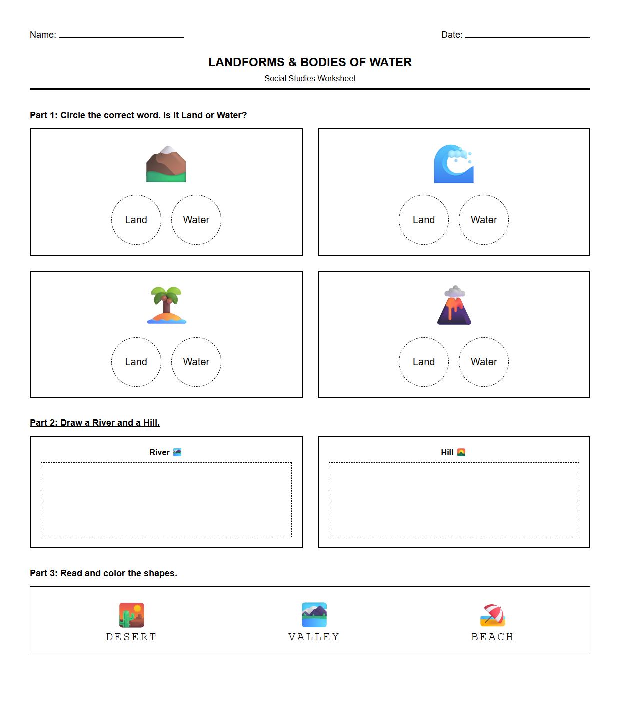 Landforms and Bodies of Water Identification Worksheet