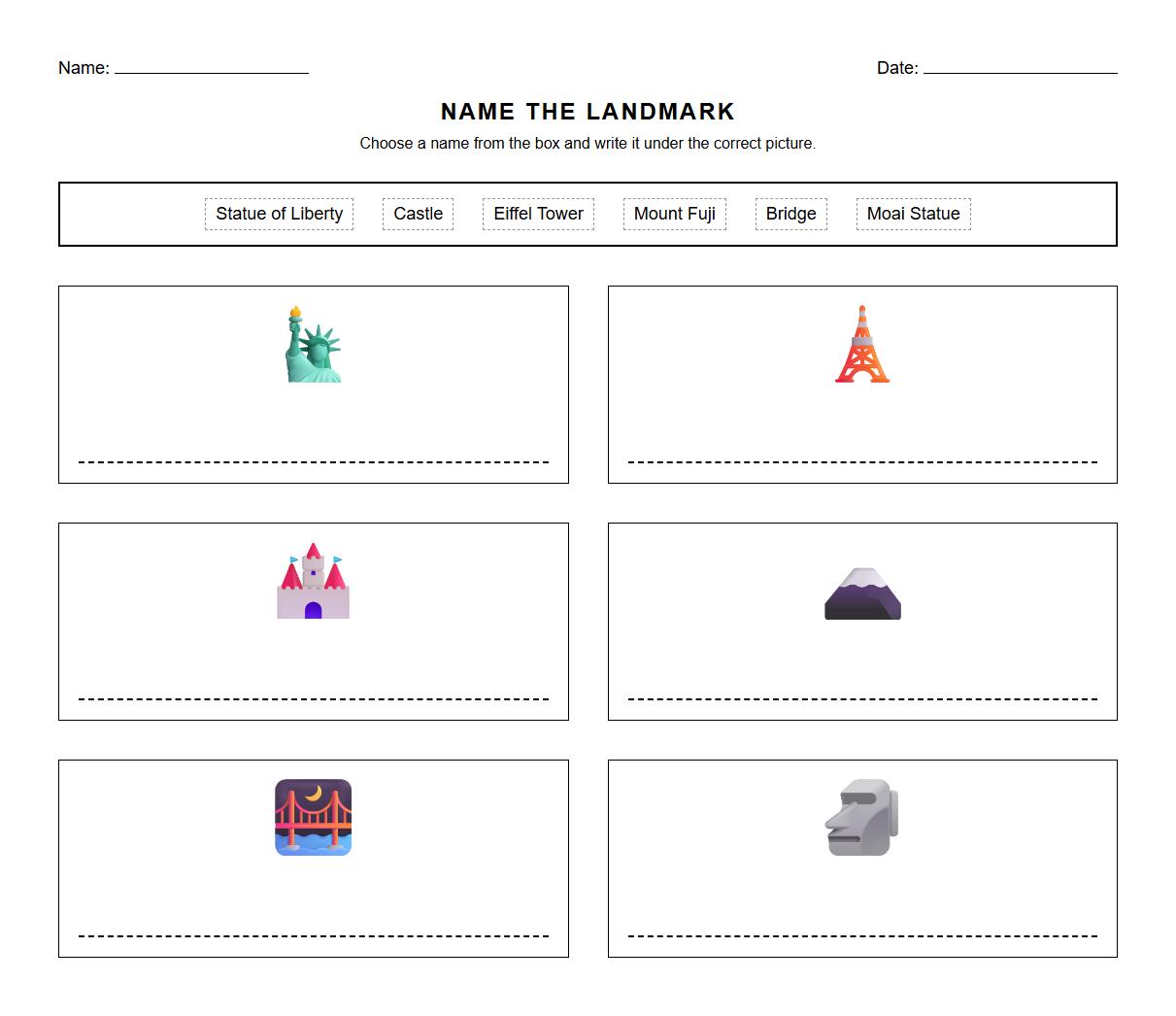 Landmark and Monument Naming Worksheet