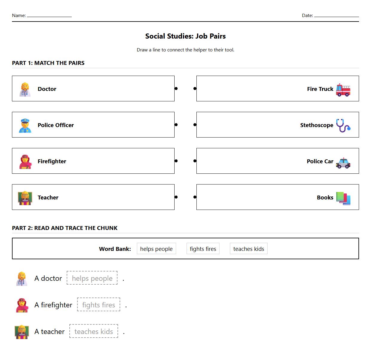 Lexical Chunking Worksheet for Professions