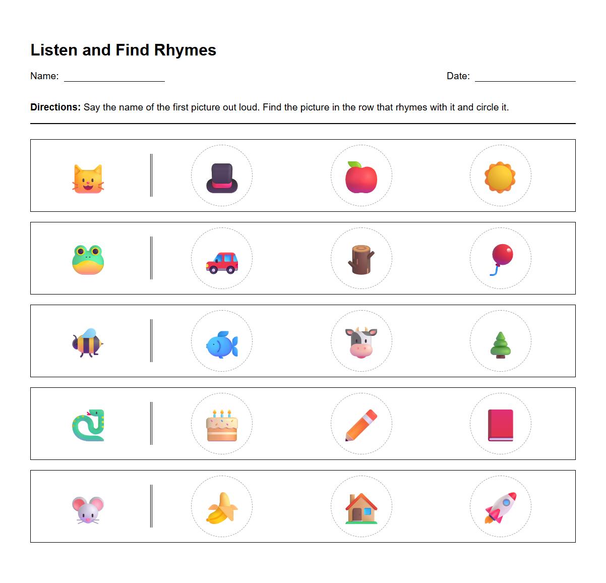Listen and Find Rhymes Phonics Activity
