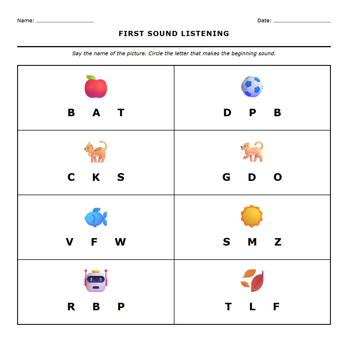 Listening for First Sound Worksheet