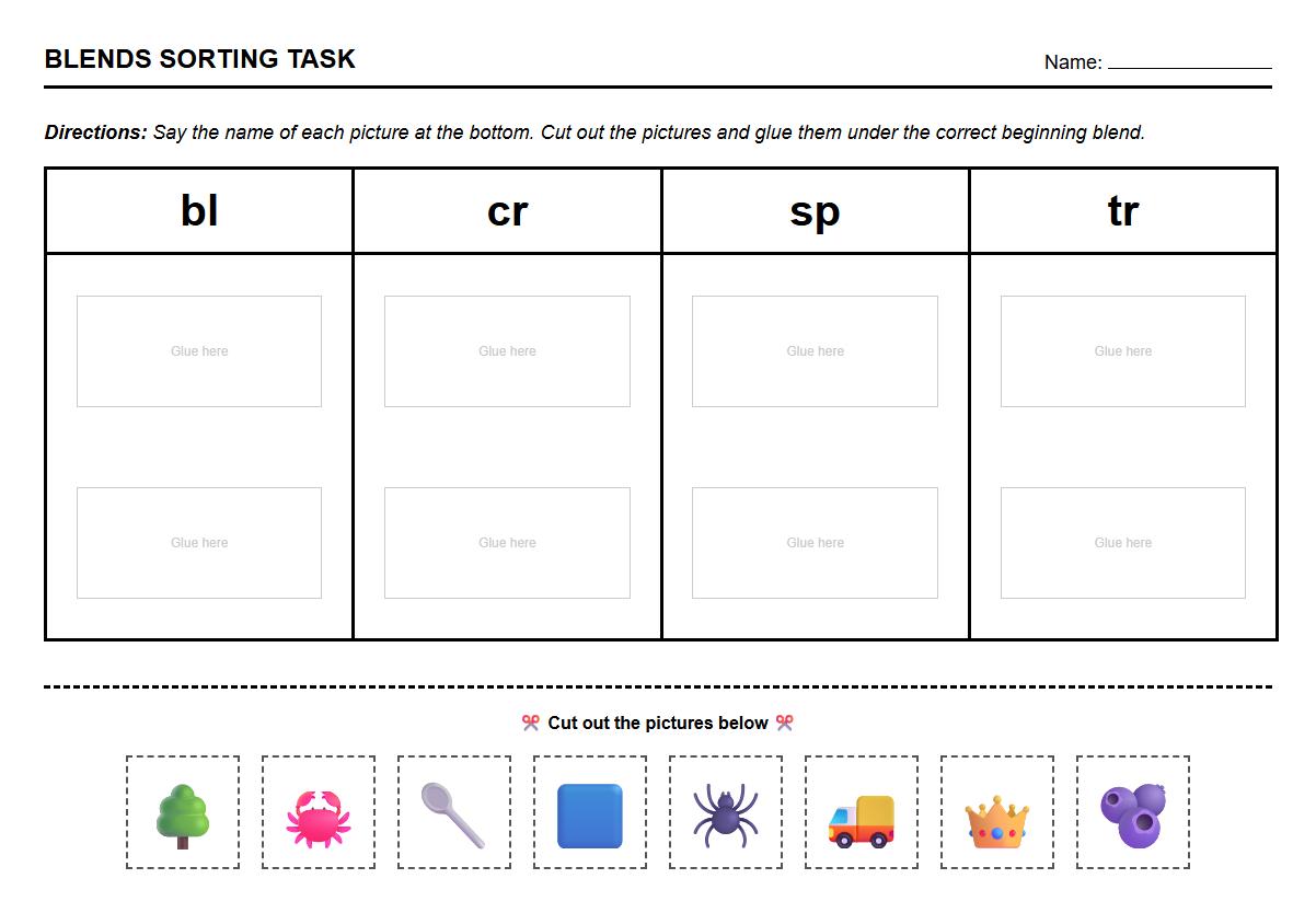 Literacy Center Blends Sorting Task Worksheet
