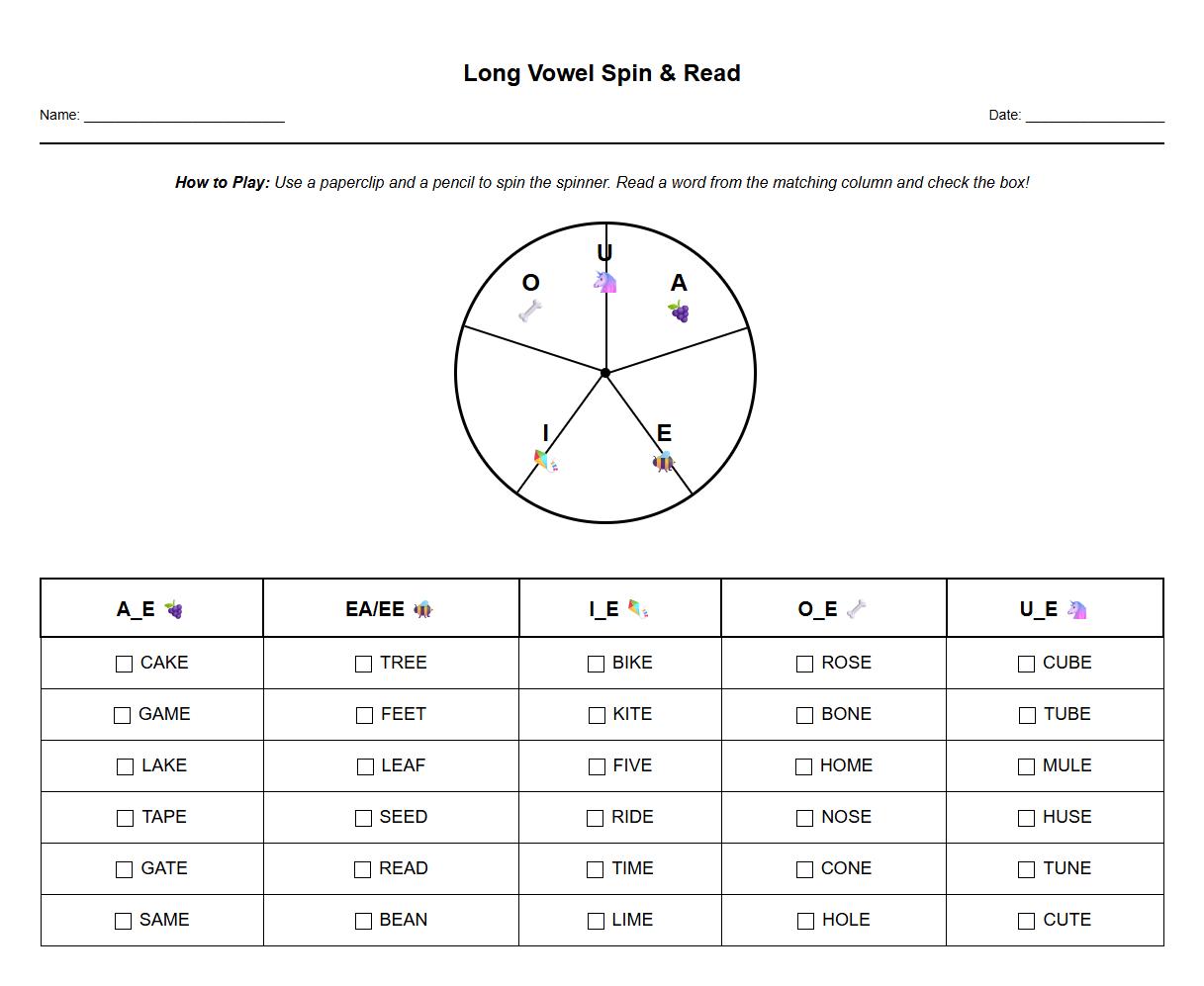 Long Vowel Spin and Read Phonics Game Worksheet