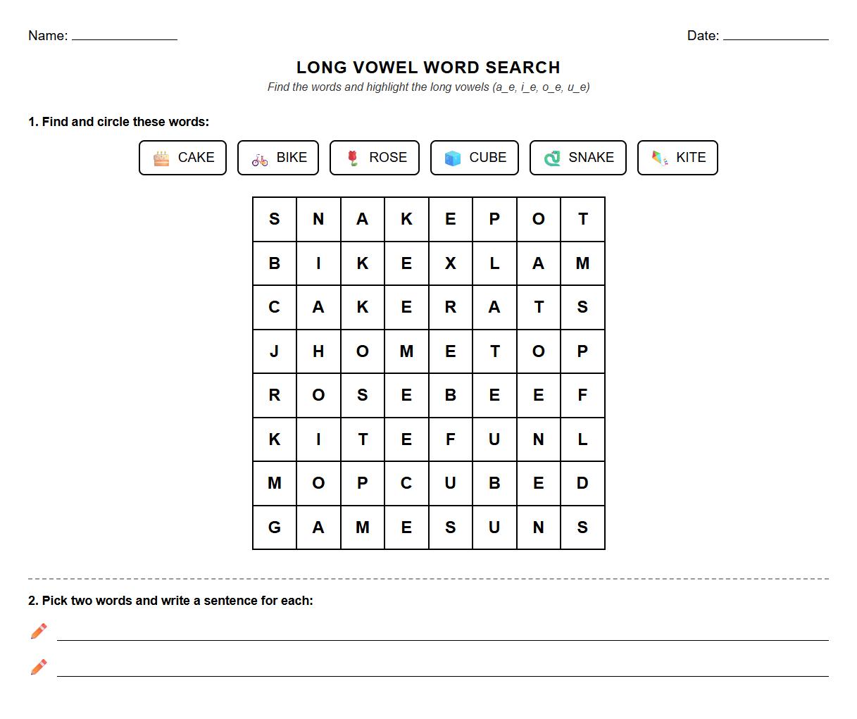 Long Vowel Word Search and Highlight Activity Sheet