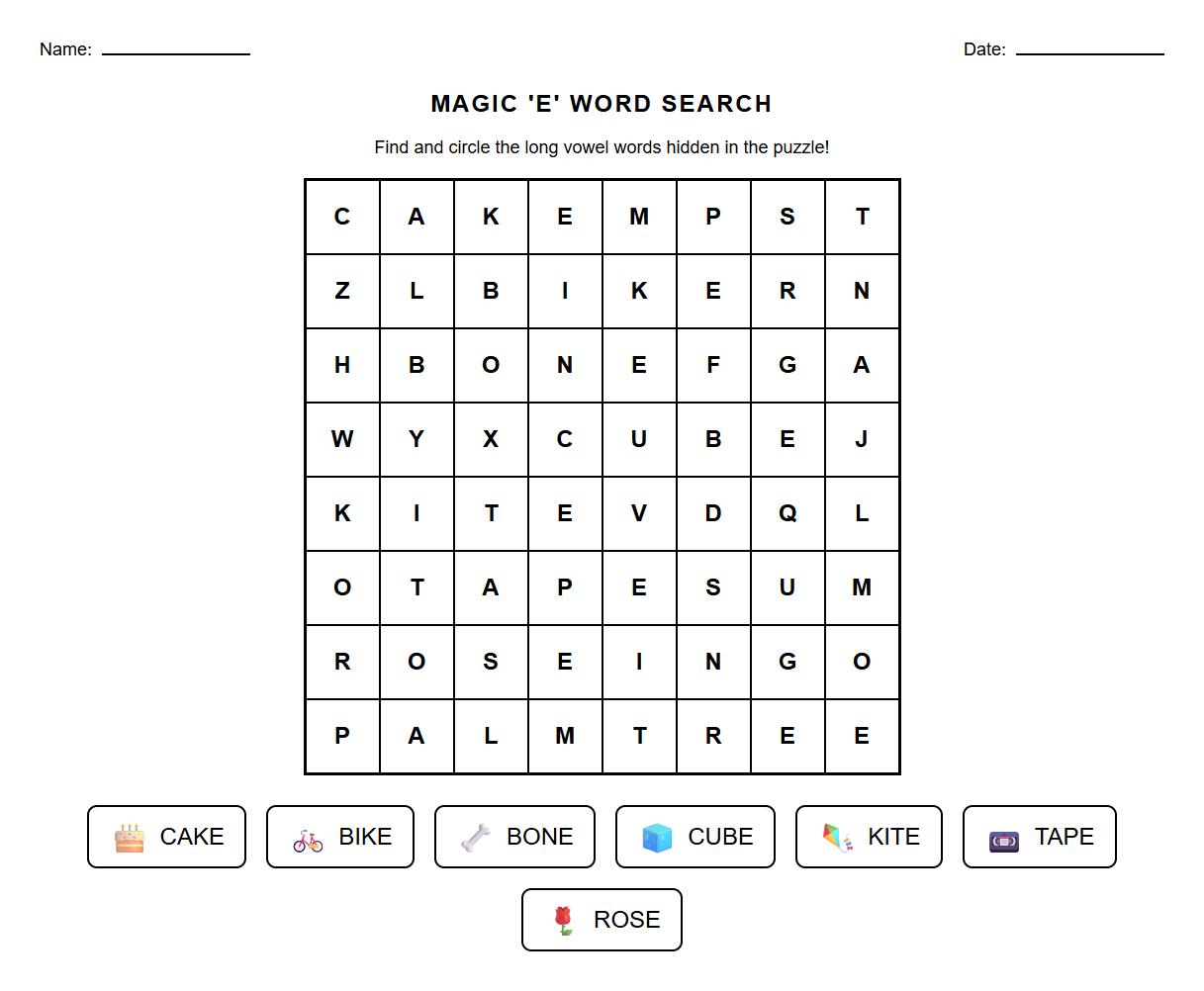 Long vowel word search puzzle with CVCe pattern
