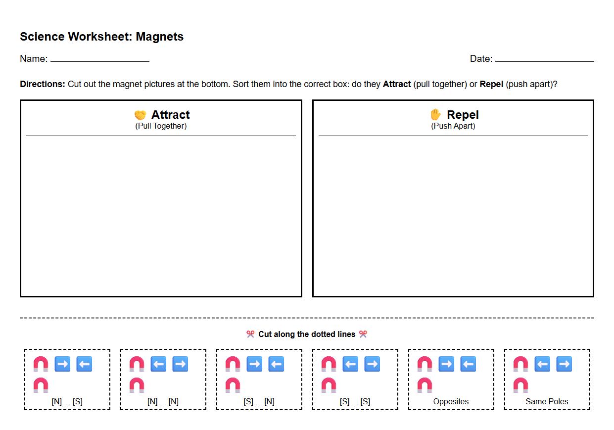 Magnet Attraction and Repulsion Sorting Cut and Paste Worksheet