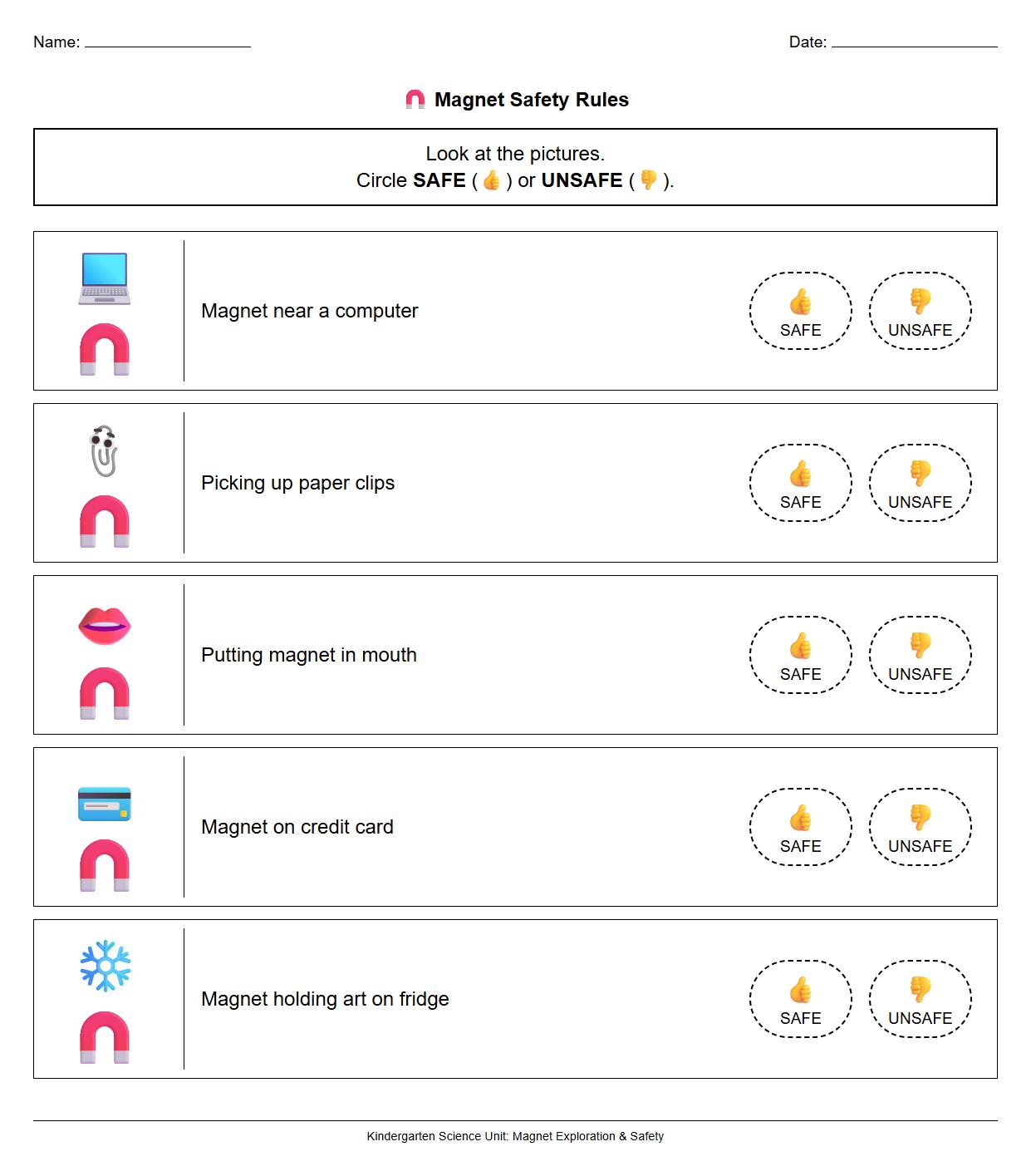 Magnet Safety Symbols and Rules Recognition Worksheet