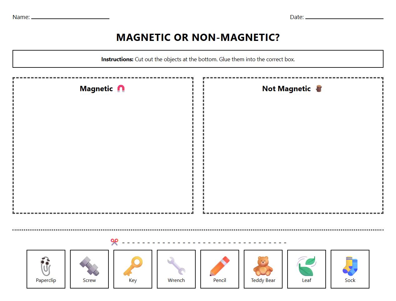 Magnetic and Nonmagnetic Objects Sorting Worksheet