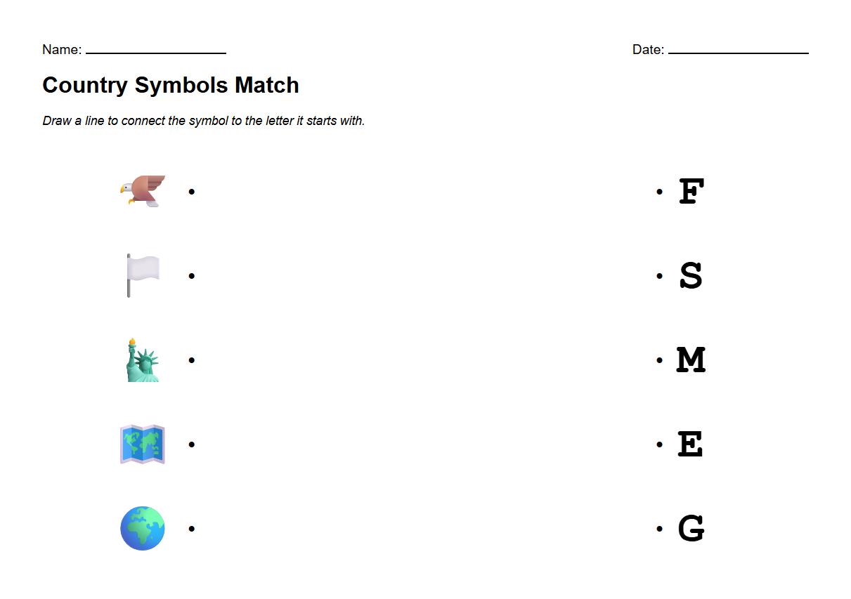 Match Country Symbols to Beginning Letter Phonics Worksheet