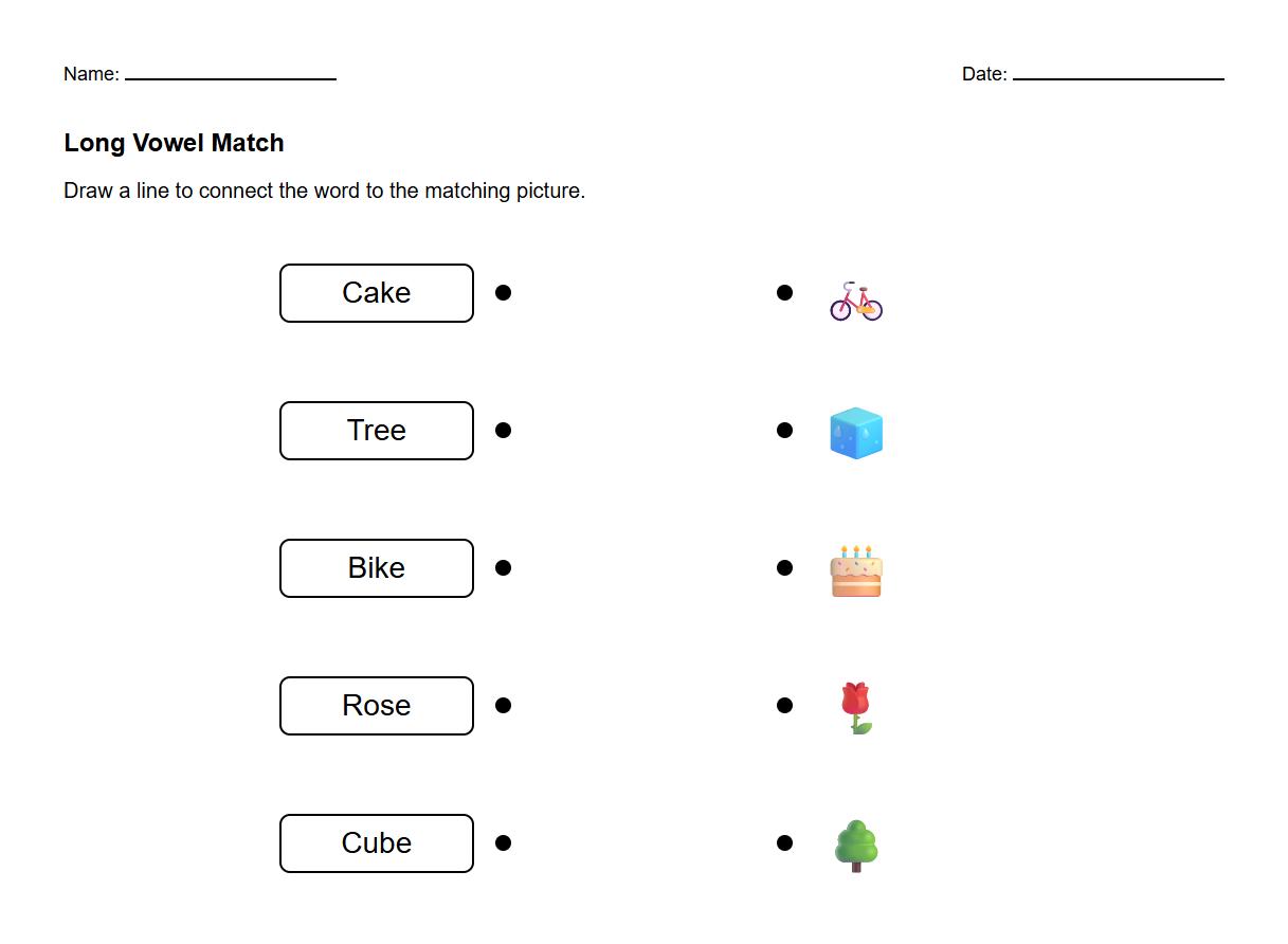 Match the Long Vowel Word to the Image Worksheet