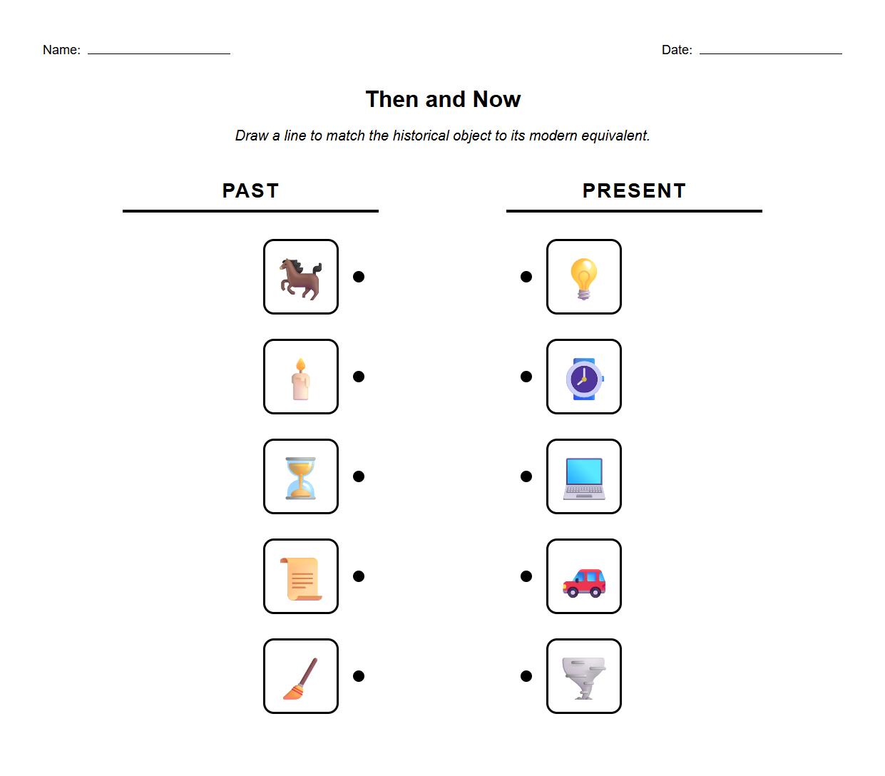 Matching Historical Objects to Modern Equivalents Worksheet