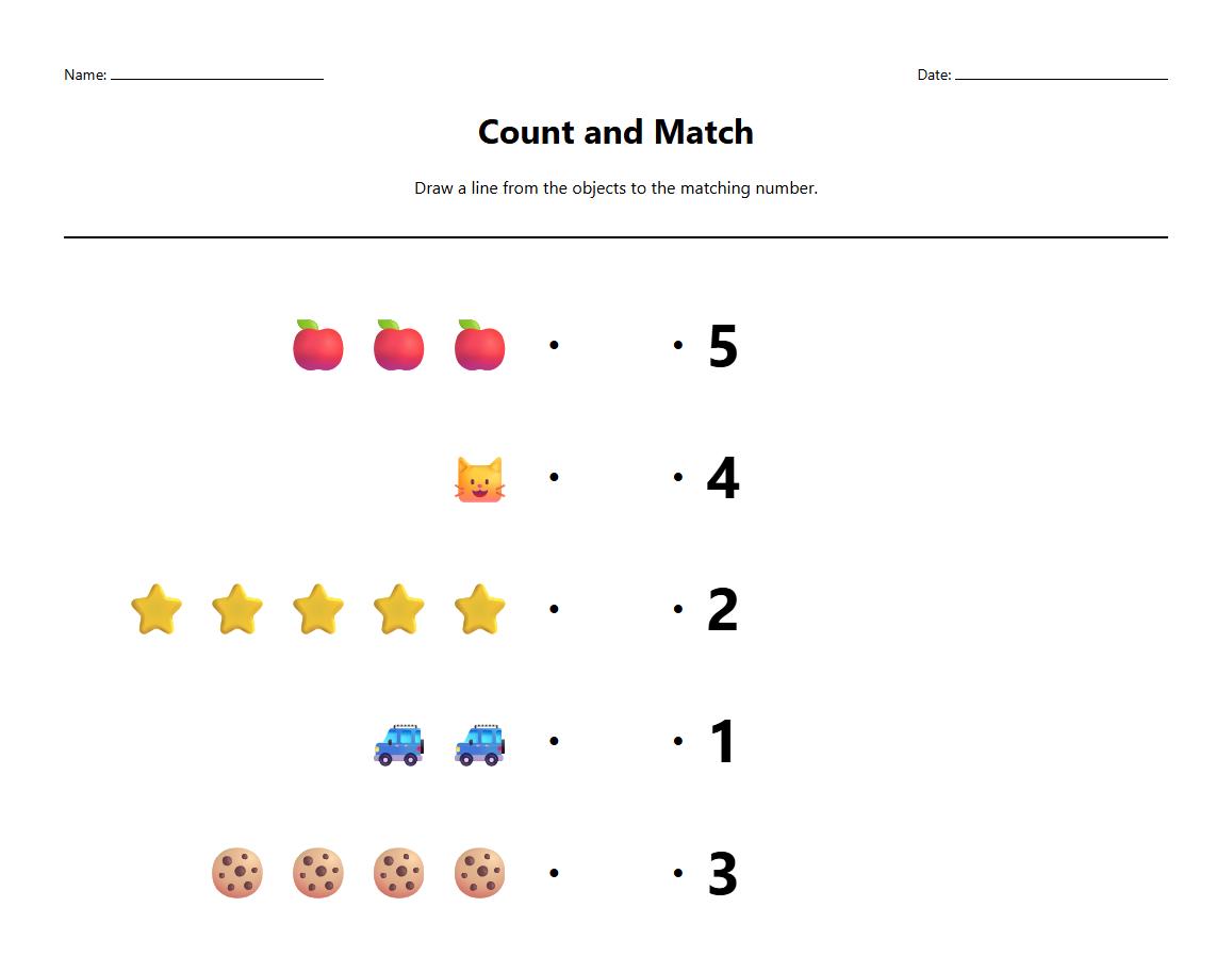 Matching Numerals to Quantities Activity Sheet
