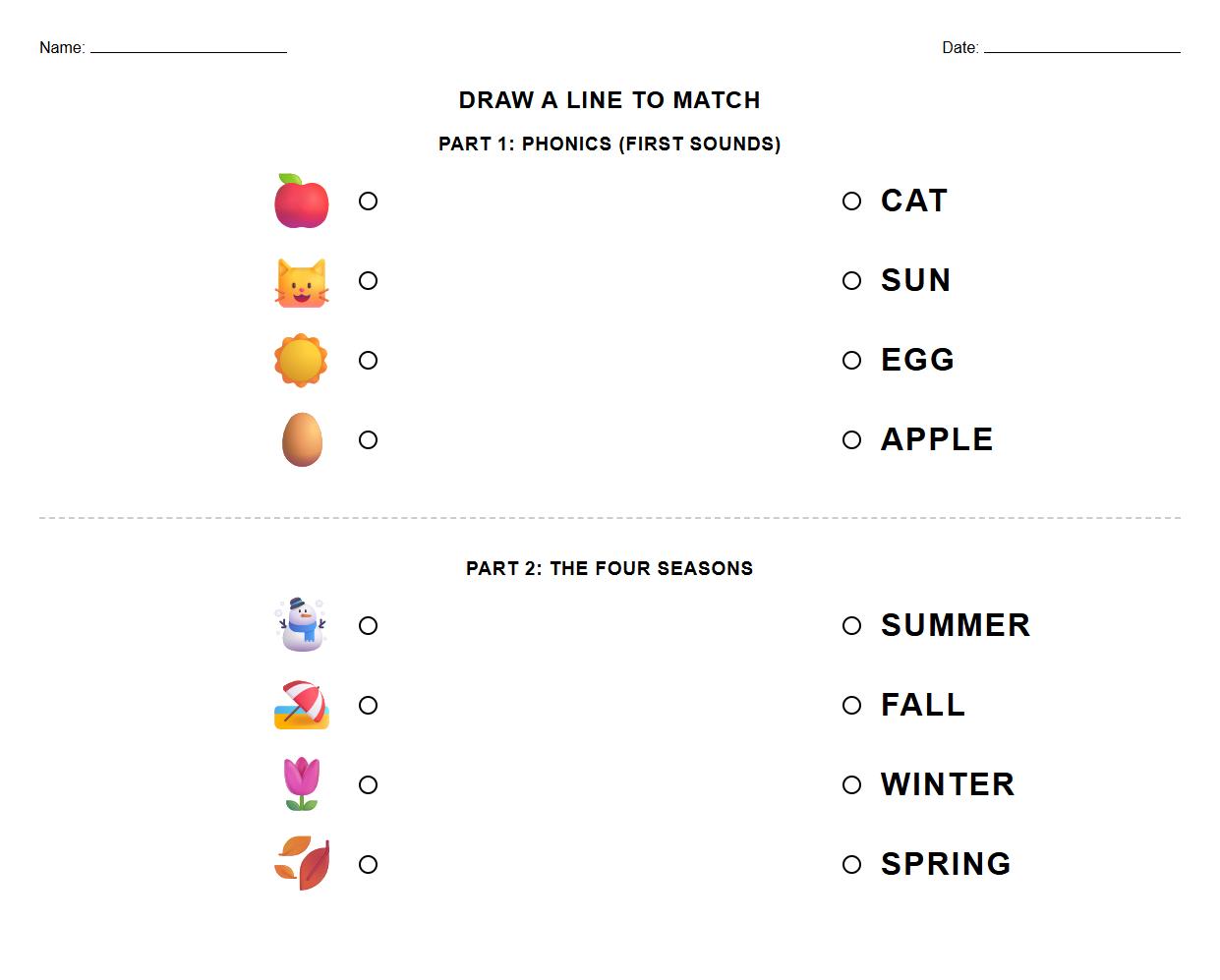 Matching Picture to Text Worksheet for Phonics and Seasons