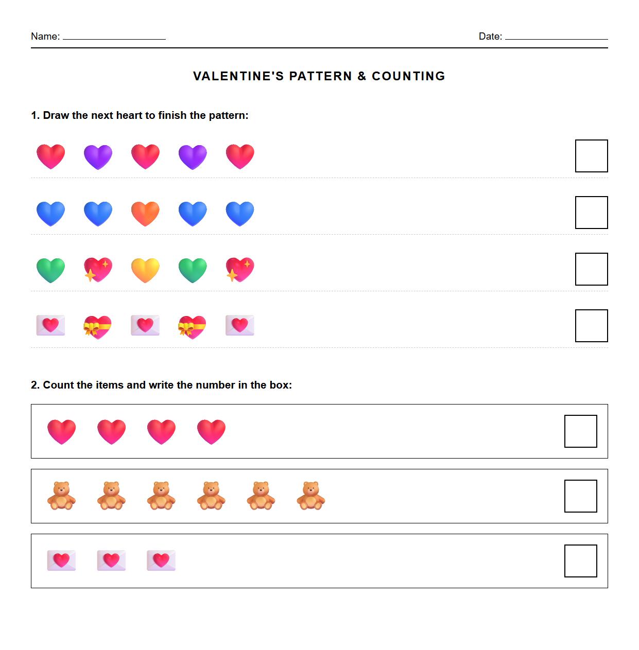 Math Counting Worksheet with Valentines Heart Symbols for Pattern Sequencing