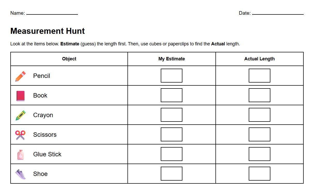 Measurement worksheet estimating and recording lengths of classroom items
