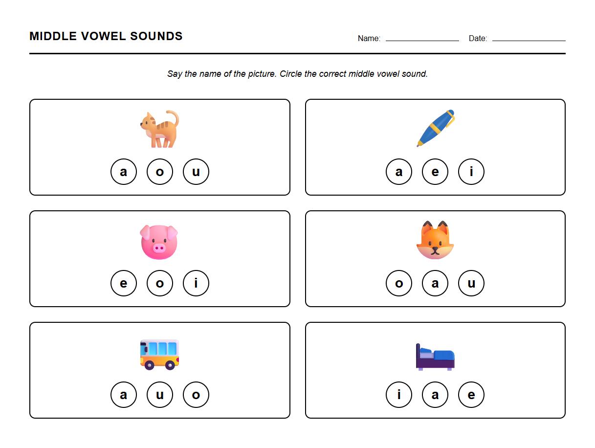 Middle Vowel Sound Discrimination Worksheet