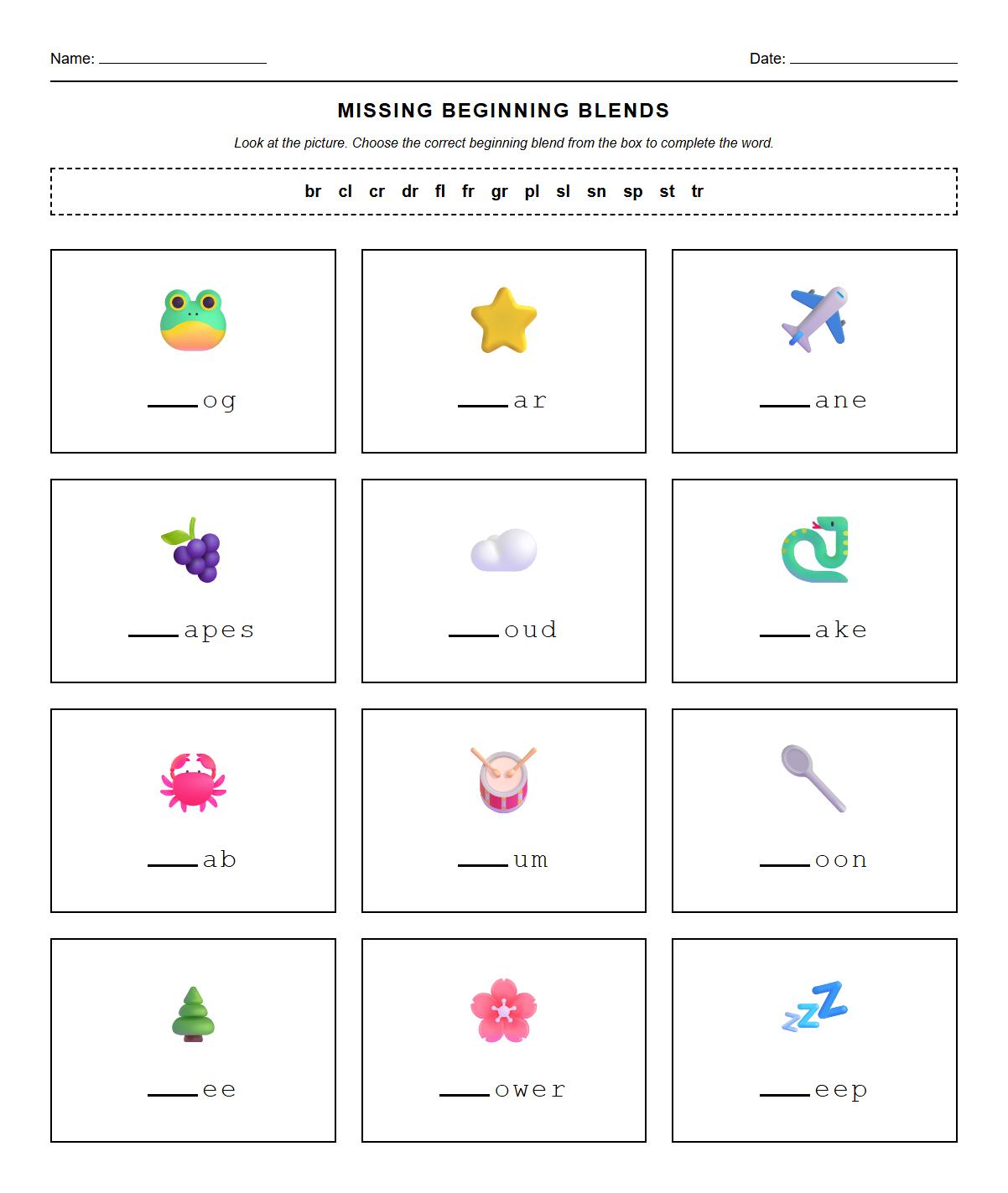 Missing Beginning Blends Word Formation Sheet