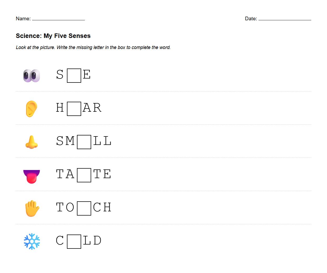 Missing letter worksheets incorporating sense-based vocabulary