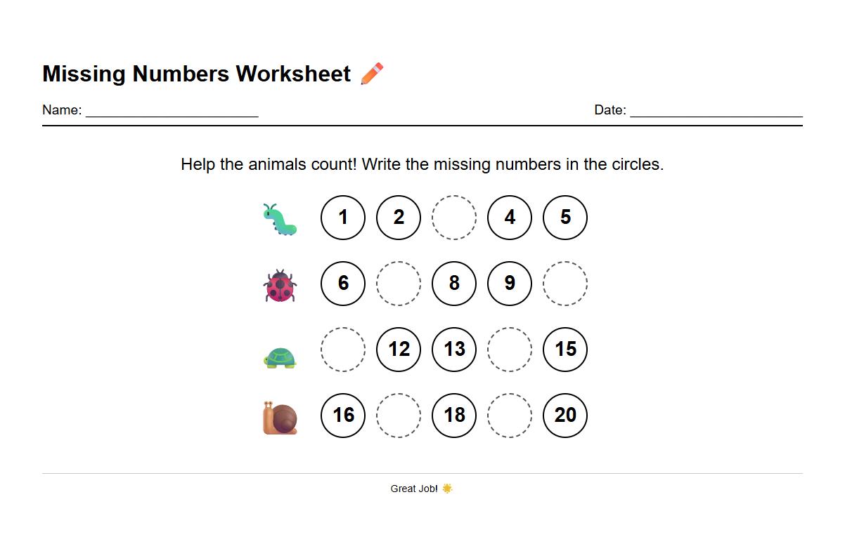 Missing Numbers Fill In Worksheet