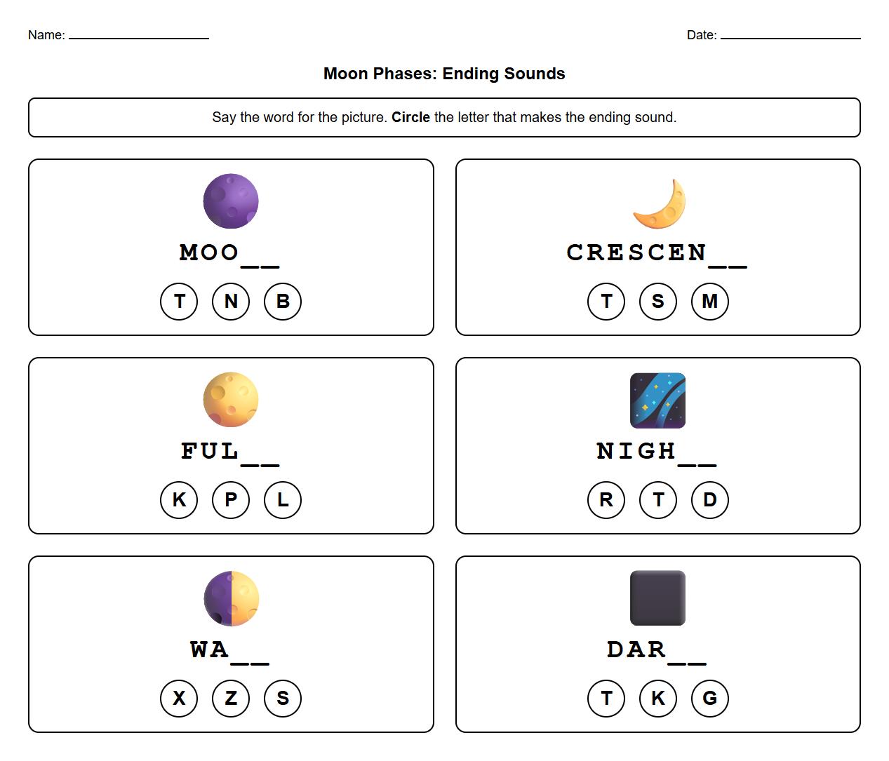 Moon Phases Ending Sound Identification Worksheet