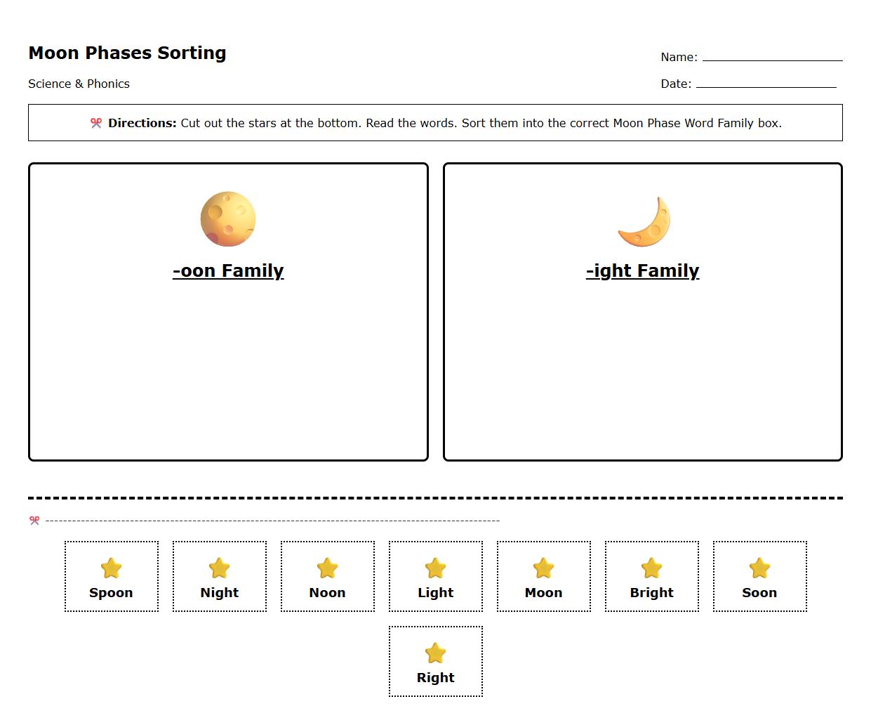 Moon Phases Word Families Sorting Phonics Worksheet