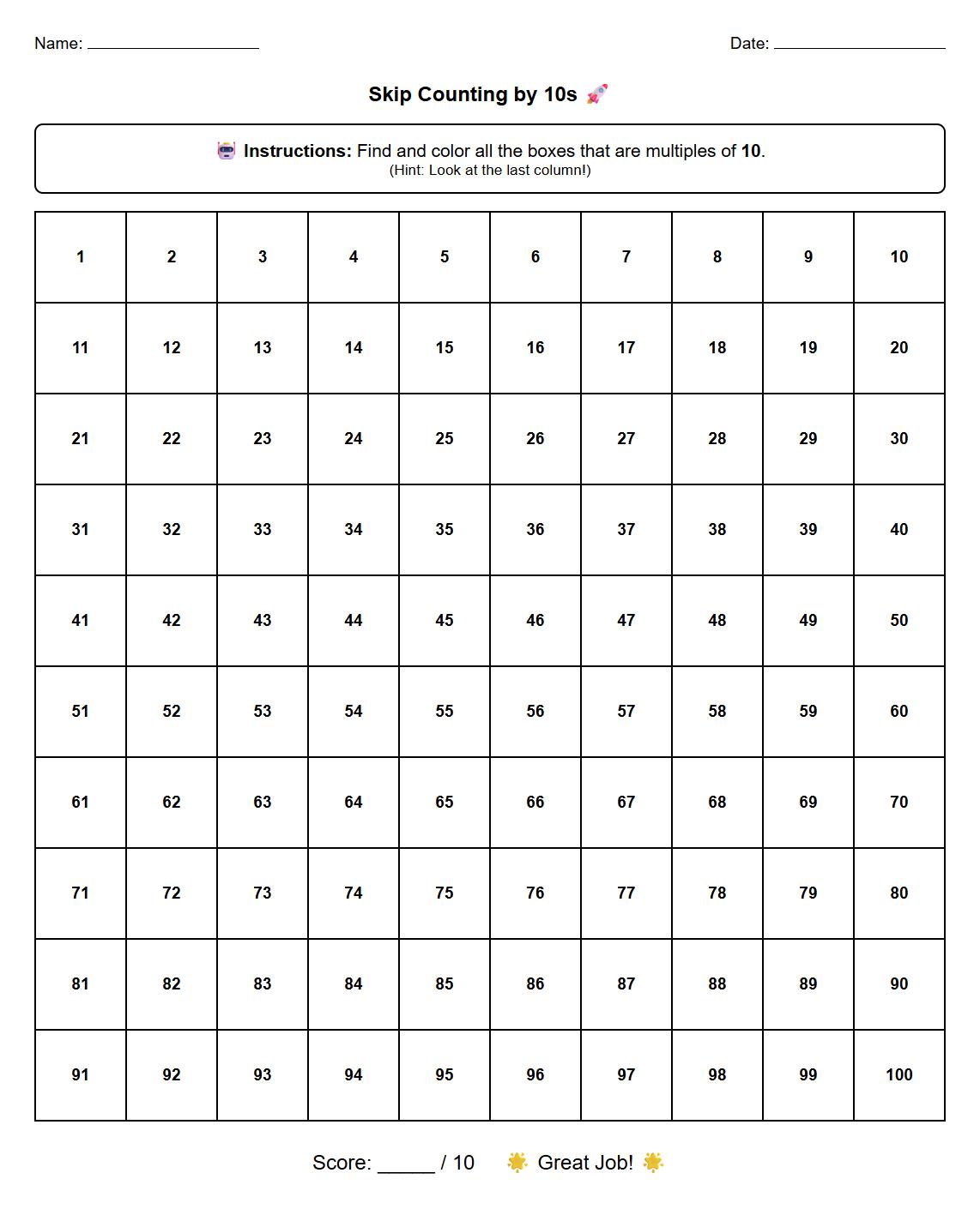 Multiples Recognition Skip Counting by 10s Number Grid Worksheet