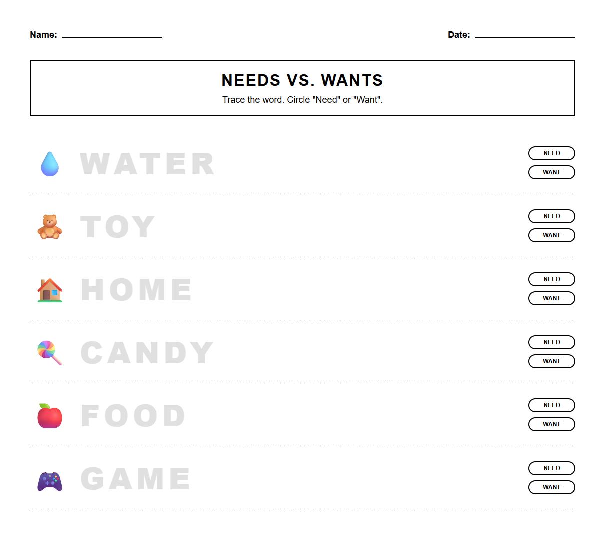 Needs vs Wants Vocabulary Tracing Worksheet