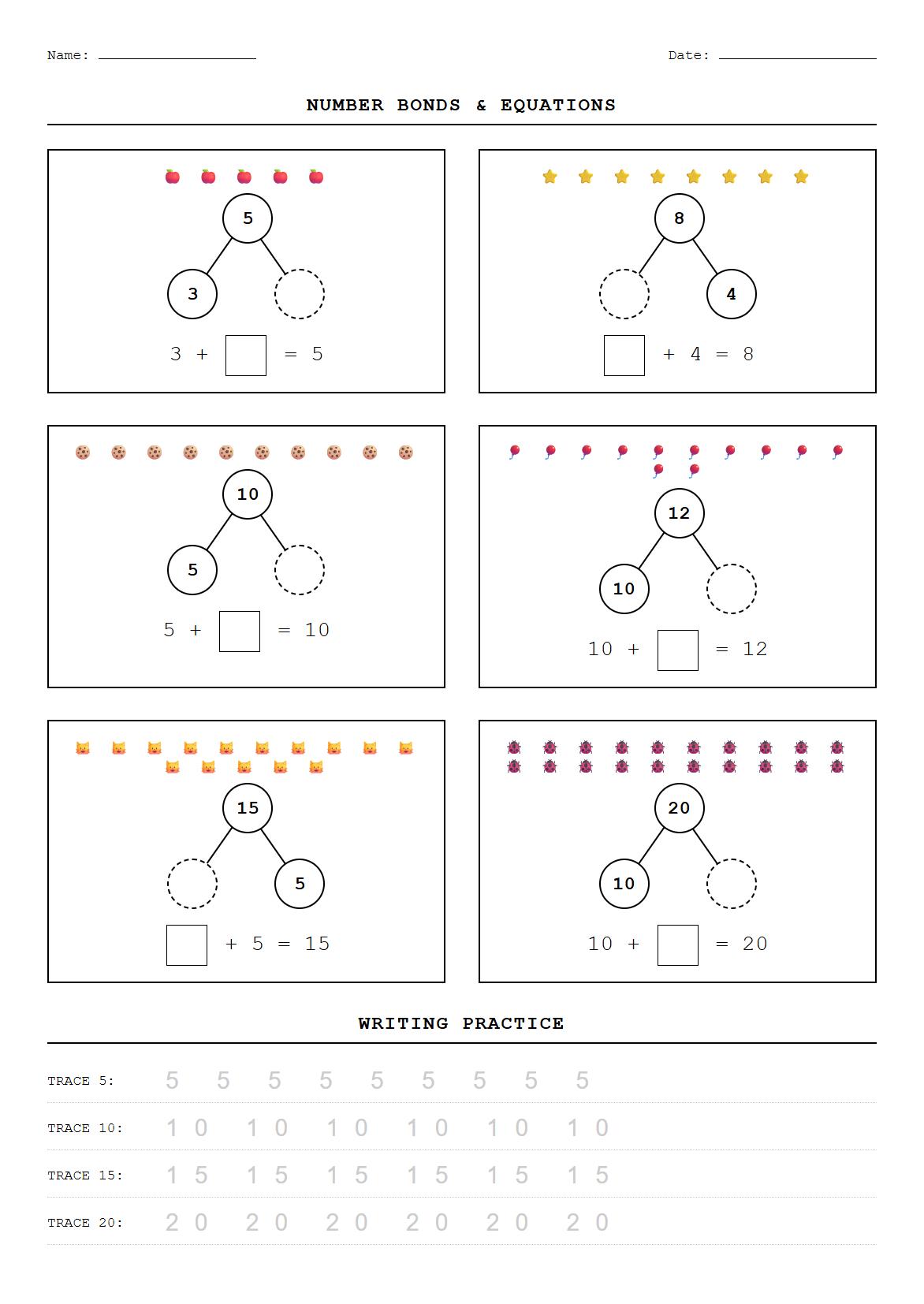 Number Bond Decomposition and Writing Practice 0 to 20