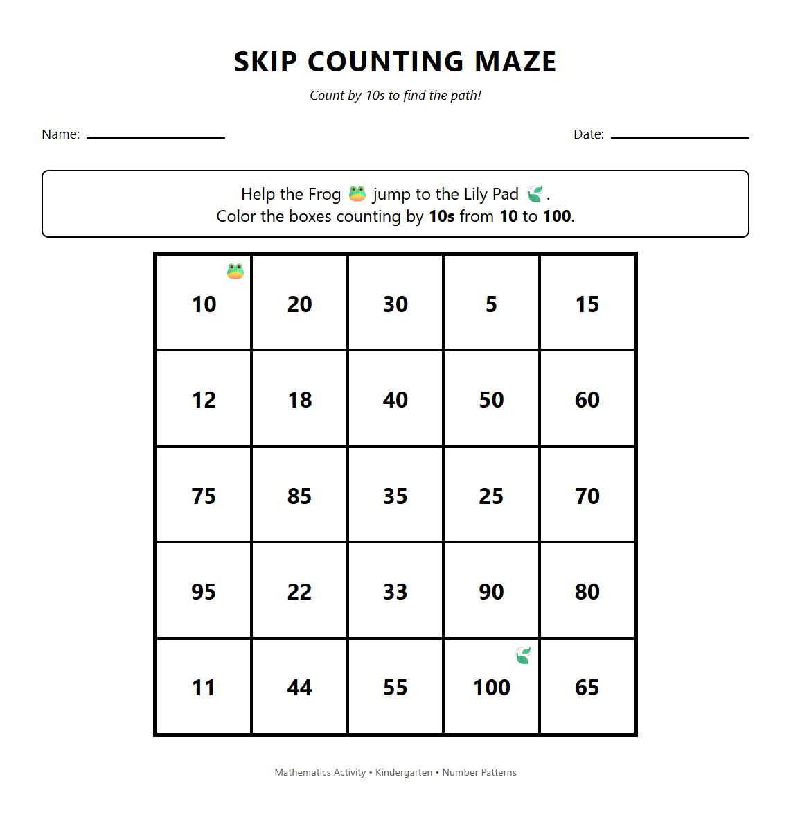 Number Patterns Skip Counting by 10s Maze